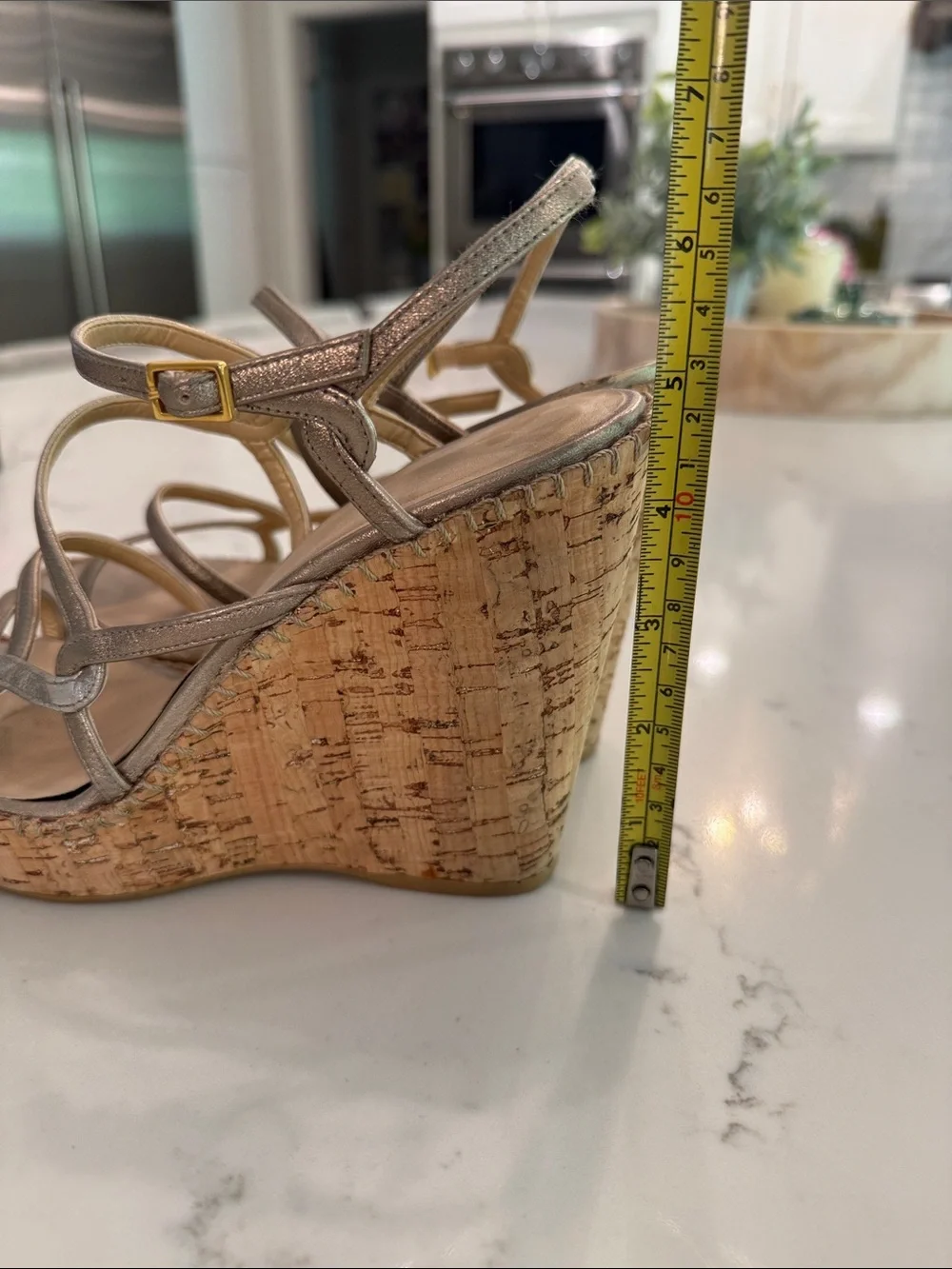 Stuart Weitzman Neutral Metallic Strappy Cork Wedge Sandals - size 7.5 - Picture 3 of 7